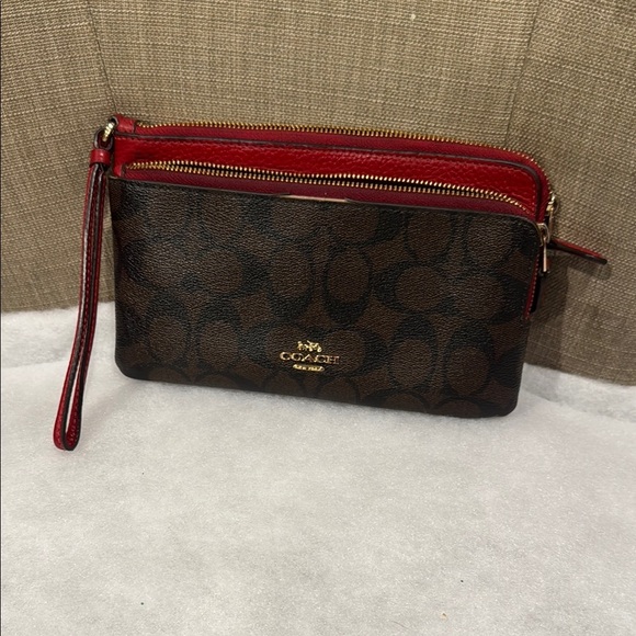 Coach Signature Brown and Red Wristlet - Picture 2 of 8